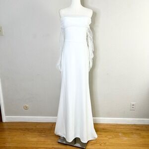 Lulus Tulle Sleeve Maxi Dress White Mesh Off Shoulder Wedding Gown Size Large